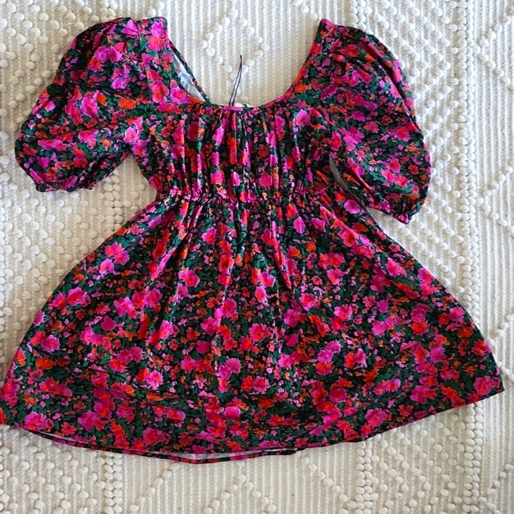 Black Floral Square-Neck Puffed Sleeves Babydoll Dress